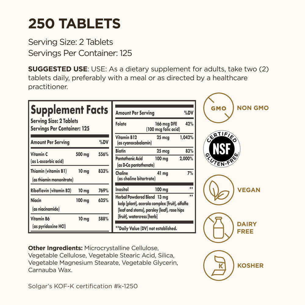 Solgar B-Complex Vitamin C Stress Formula label close-up