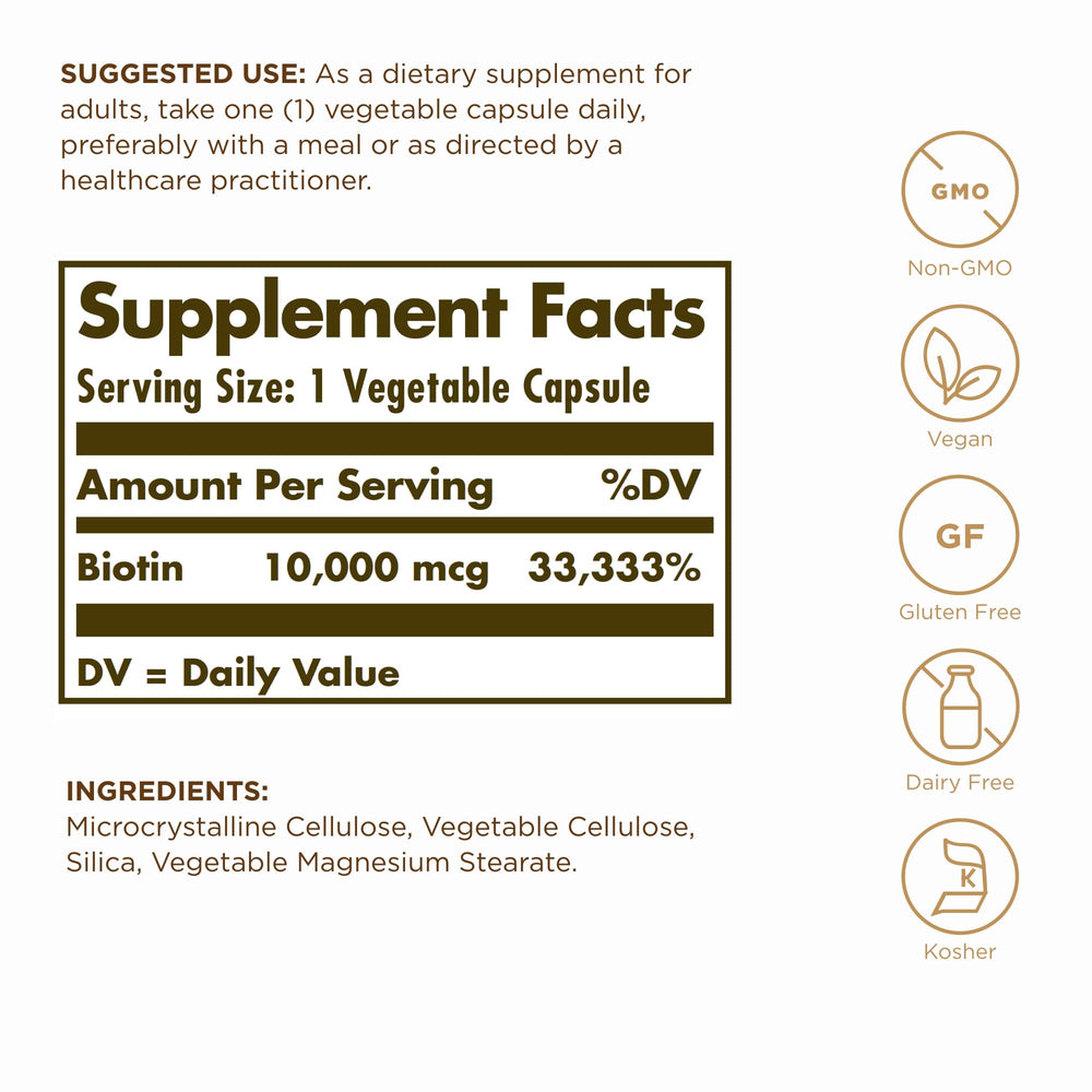 Close-up of Solgar Biotin 10,000 mcg label on bottle