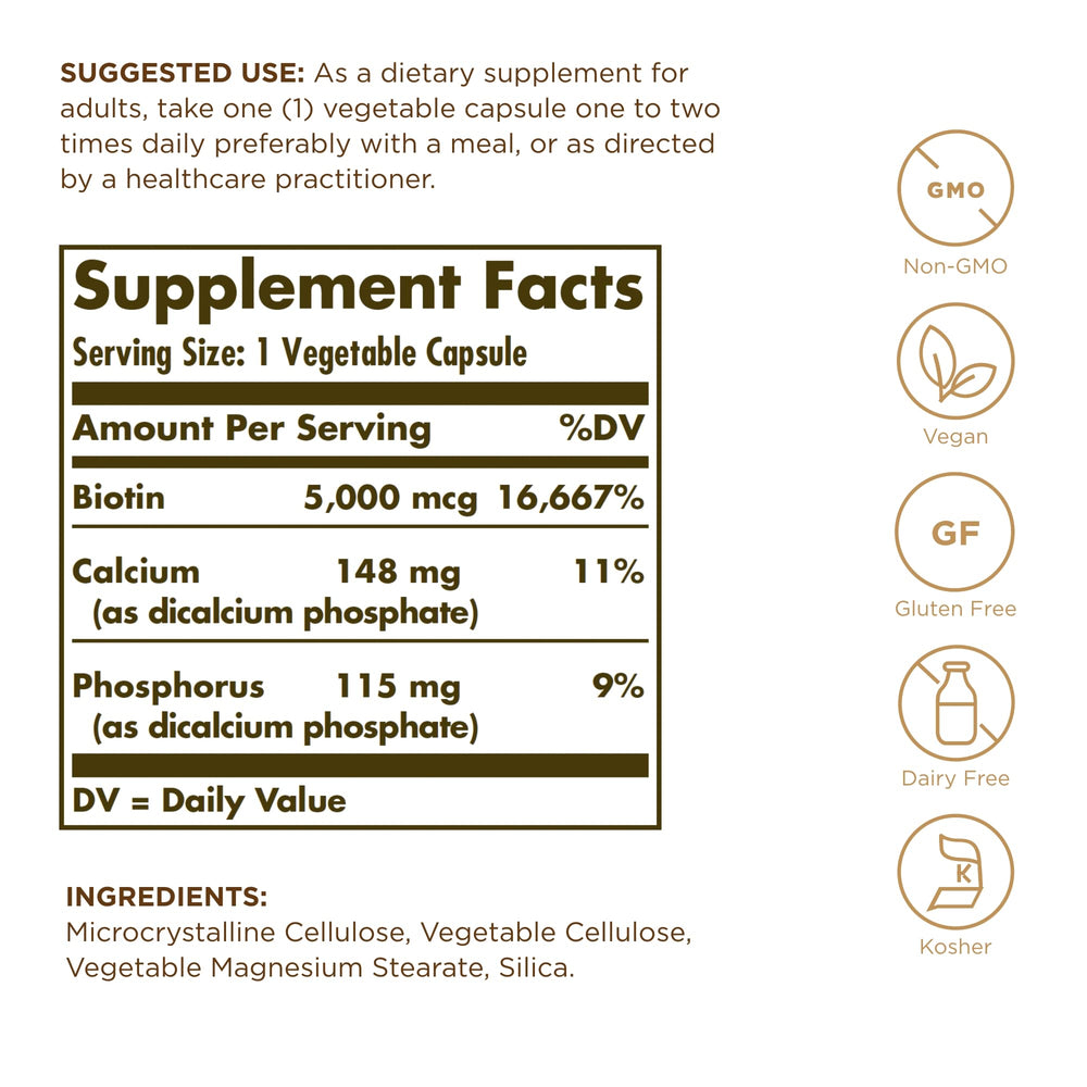 Solgar Biotin 5000 mcg bottle close-up