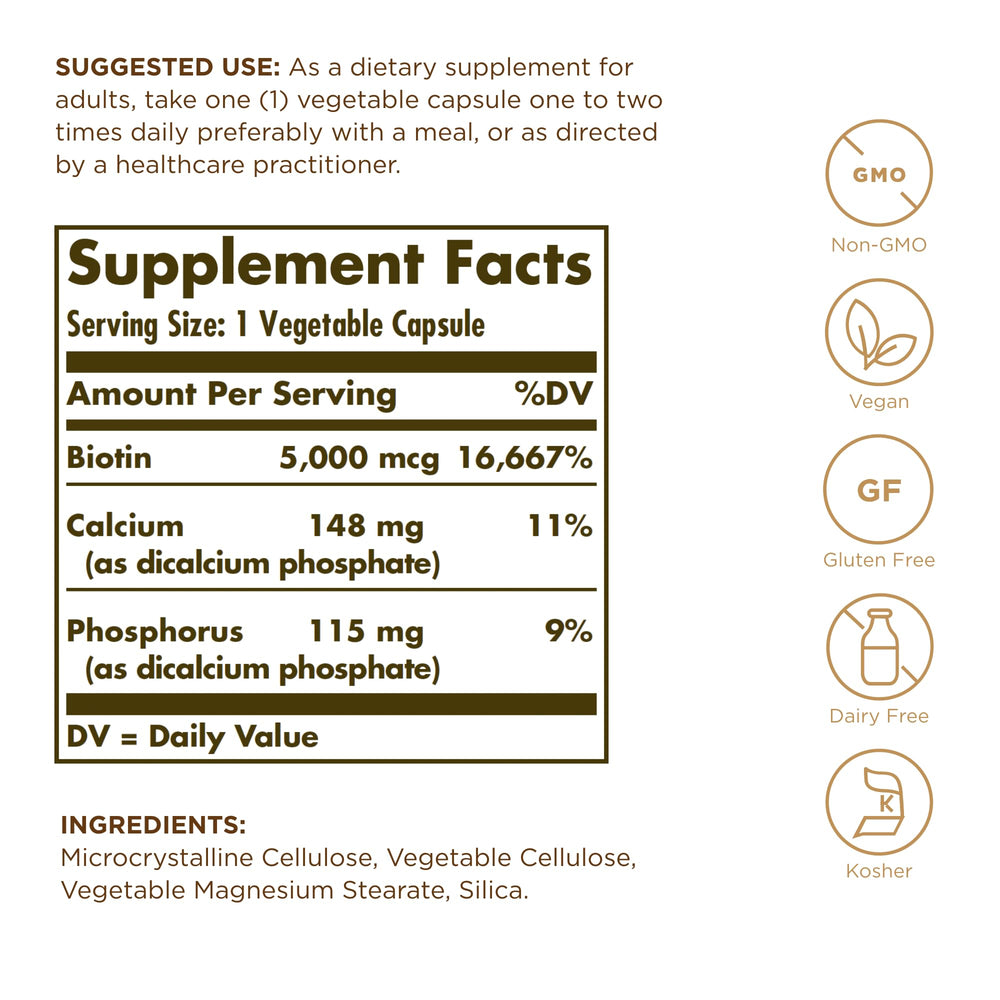 Close-up of Solgar Biotin 5000 mcg label - Non-GMO Vegan Gluten Free