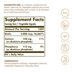 Close-up of Solgar Biotin 5000 mcg label - Non-GMO Vegan Gluten Free