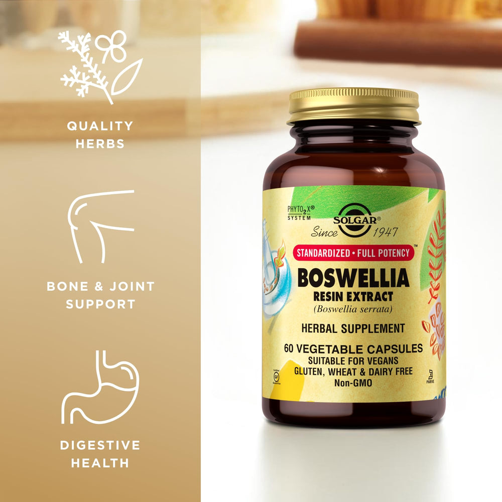 Non-GMO, vegan, kosher symbols on Solgar Boswellia label