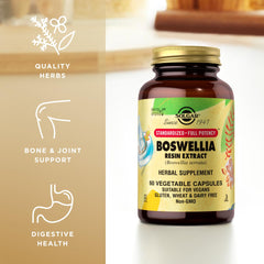 Non-GMO, vegan, kosher symbols on Solgar Boswellia label