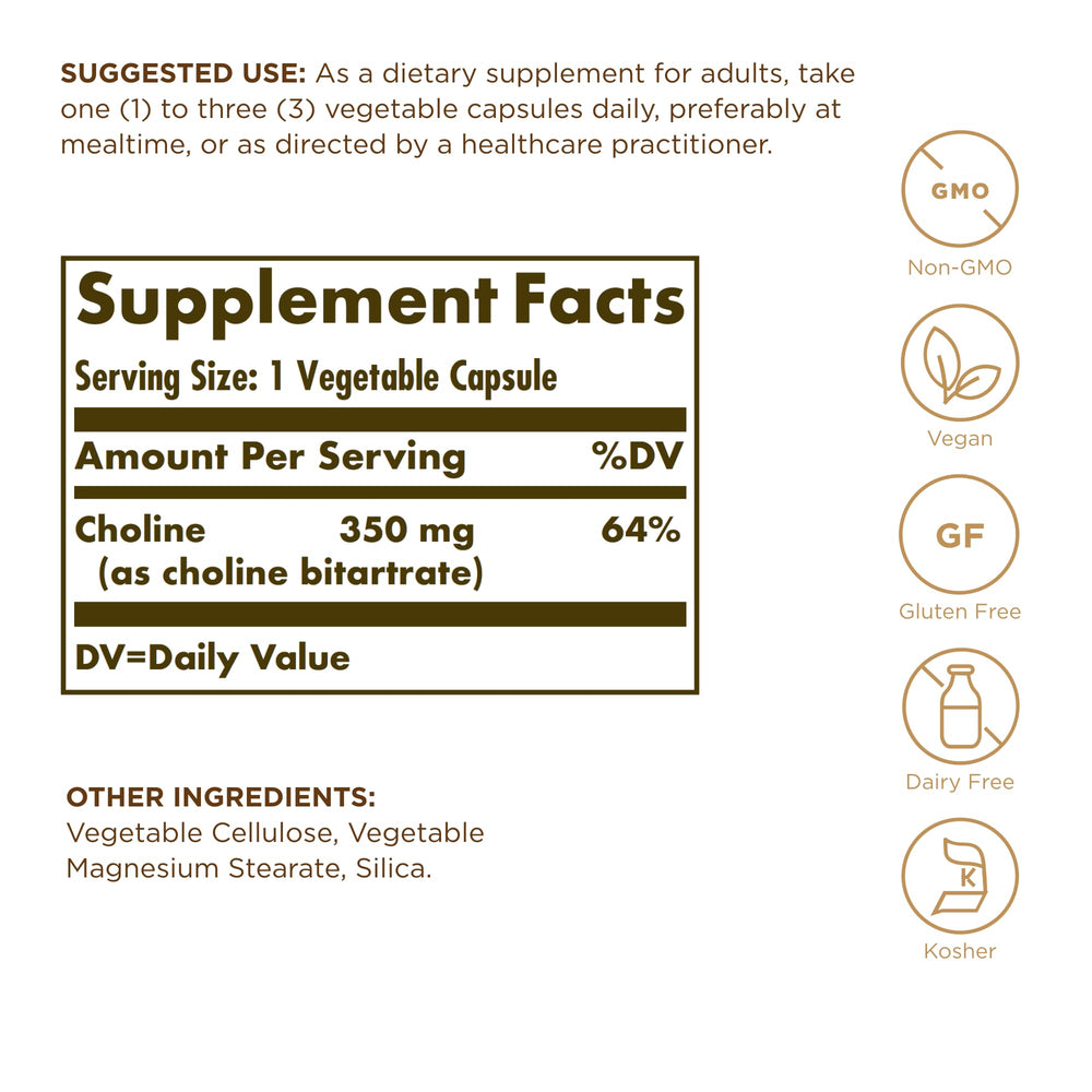 Close-up of Solgar Choline 350 mg capsules