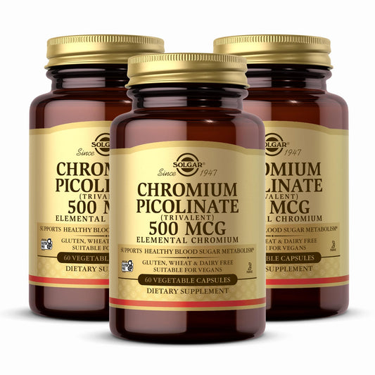 Front view of Solgar Chromium Picolinate 500 mcg 60 Vcaps 3-Pack