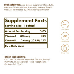 Solgar Cod Liver Oil bottle label highlighting vitamins A and D
