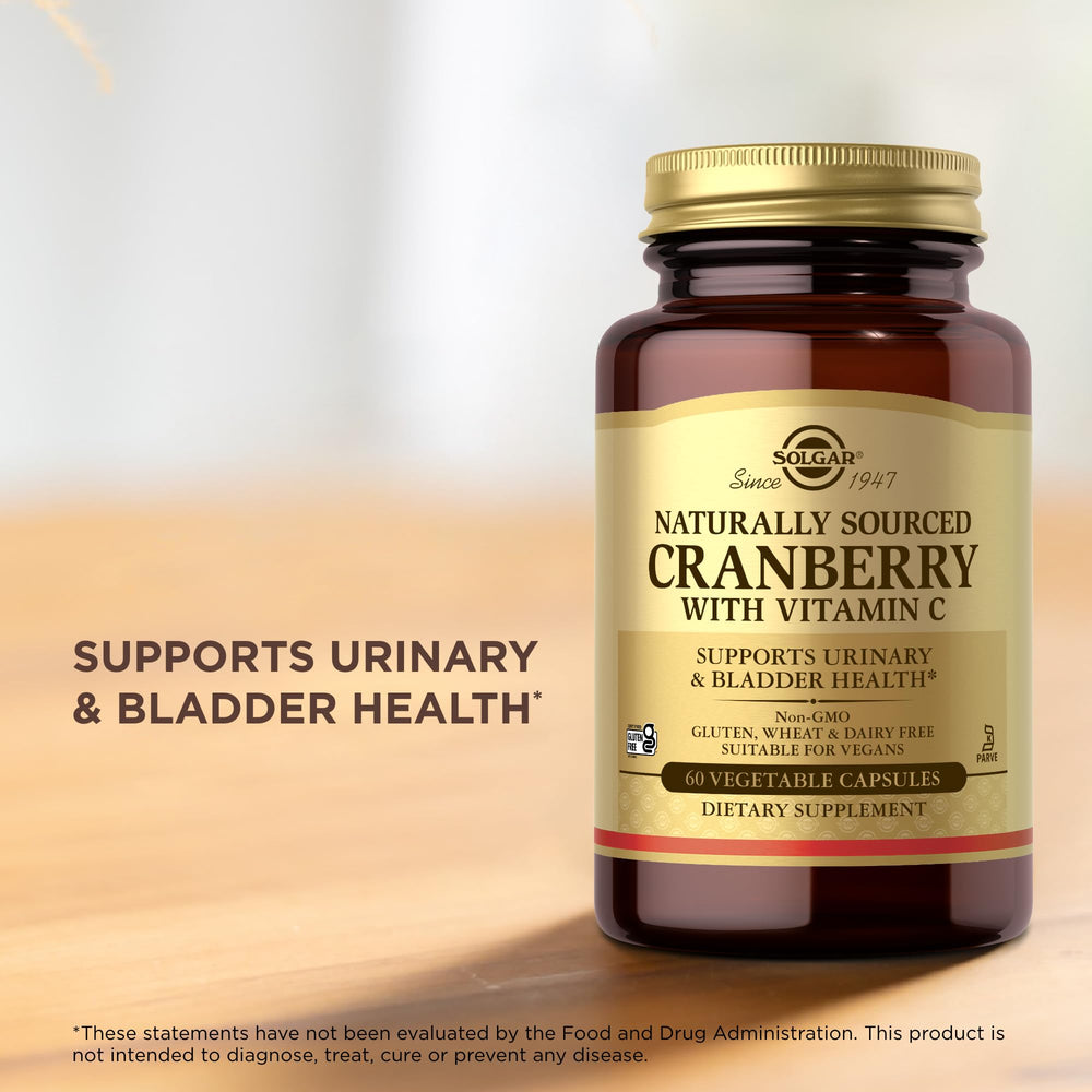 Cranberry concentrate and Vitamin C imagery on Solgar label