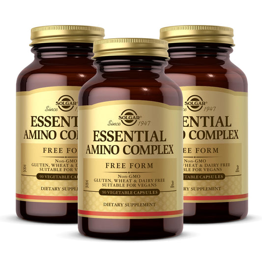 Solgar Essential Amino Complex bottle with 90 vegetable capsules per bottle, pack of 3