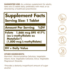 Solgar Folate 1000 mcg bottle – back label with supplement facts
