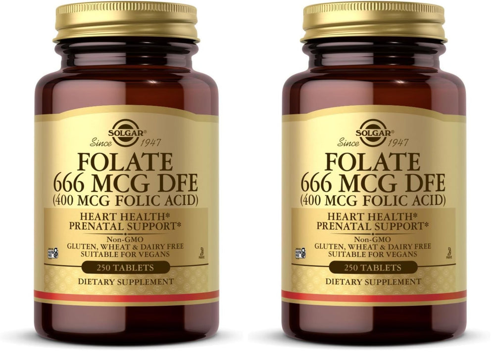 Solgar Folate 666 mcg DFE bottle and label — 250 tablets per pack (Pack of 2)