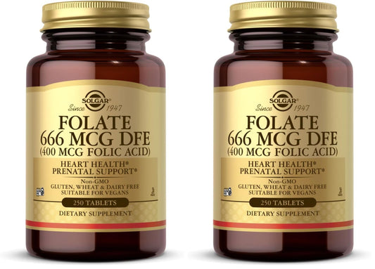 Solgar Folate 666 mcg DFE bottle and label — 250 tablets per pack (Pack of 2)