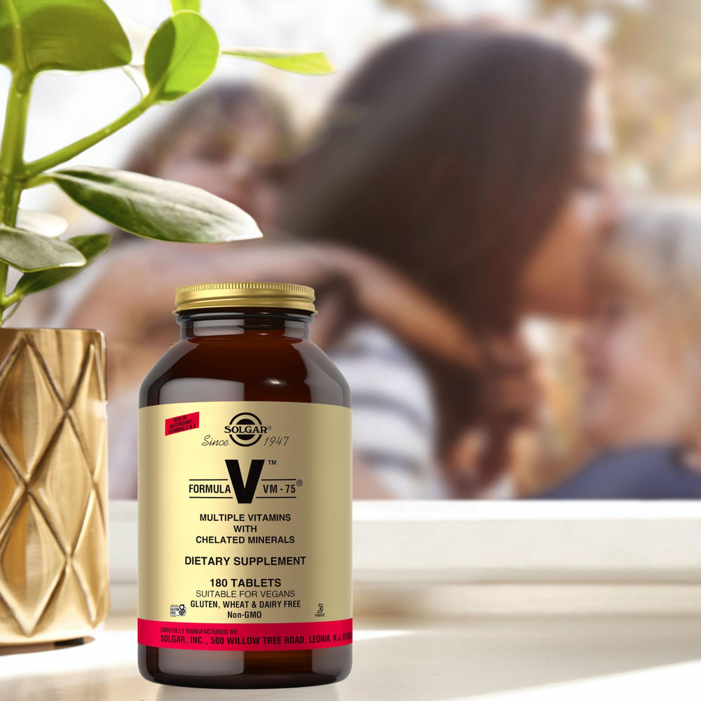 Solgar Formula VM-75 vegan symbol on packaging communicates plant-based formulation