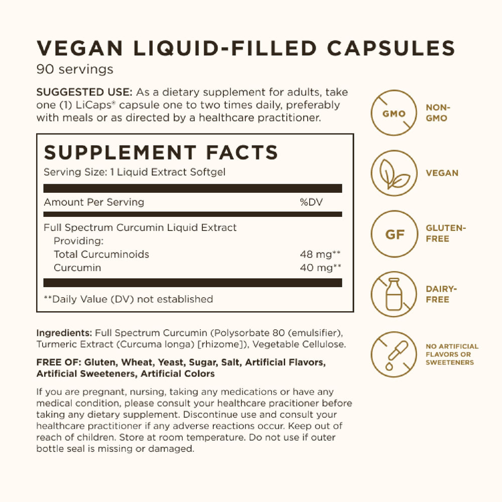 Solgar Full Spectrum Curcumin 90 LCaps Pack of 2 – label on packaging