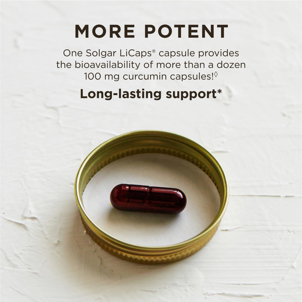 Non-GMO, vegan, gluten-free and dairy-free label highlights on Solgar Curcumin packaging