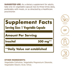 Close-up of Solgar Inositol 500 mg bottle