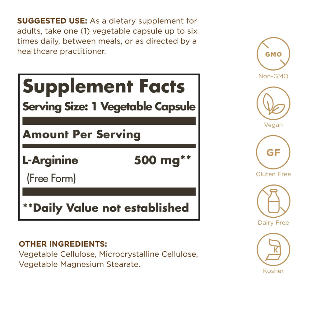 Close-up of Solgar L-Arginine 500 mg packaging