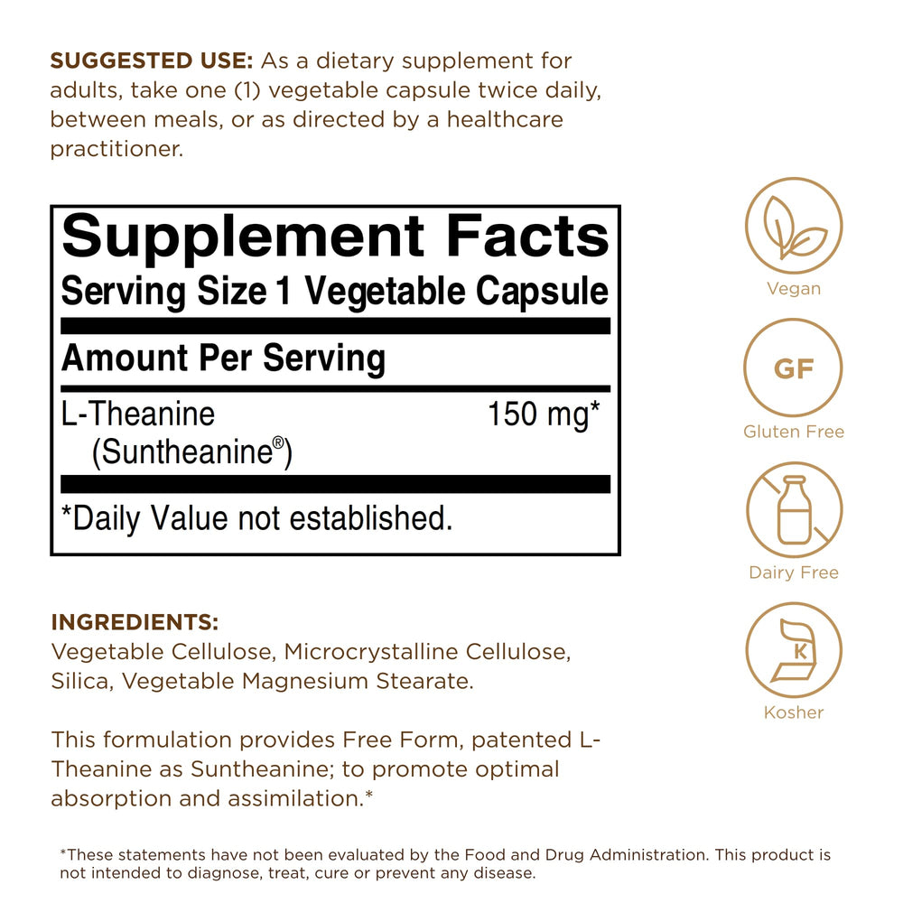Close-up of Solgar L-Theanine 150 mg capsules