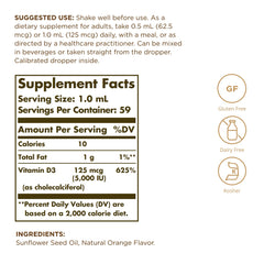 Vitamin D3 liquid dropper dispensing orange-flavored solution