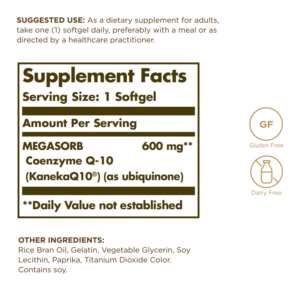 Close-up of Solgar Megasorb CoQ-10 600 mg softgels