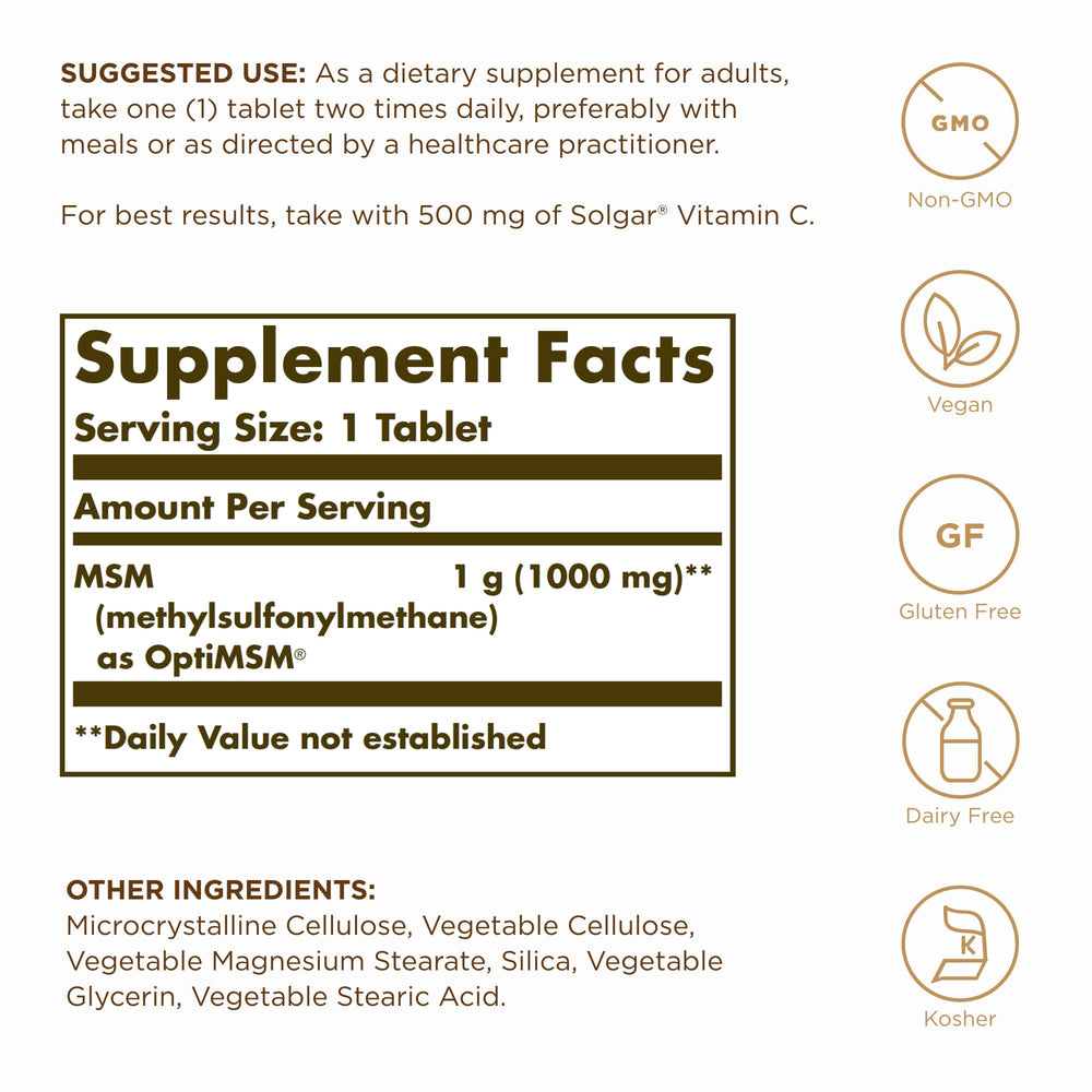 Close-up view of Solgar MSM 1000 mg tablets