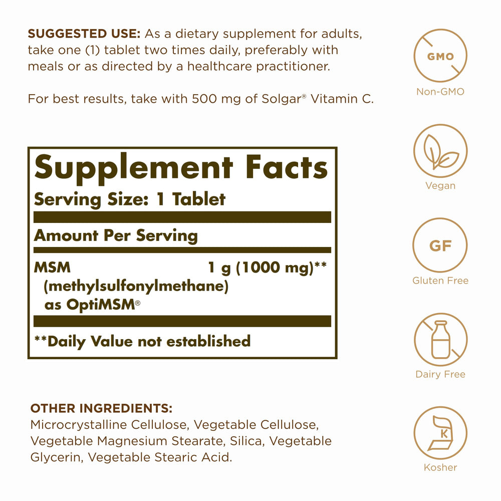 Close-up of Solgar MSM 1000 mg tablets