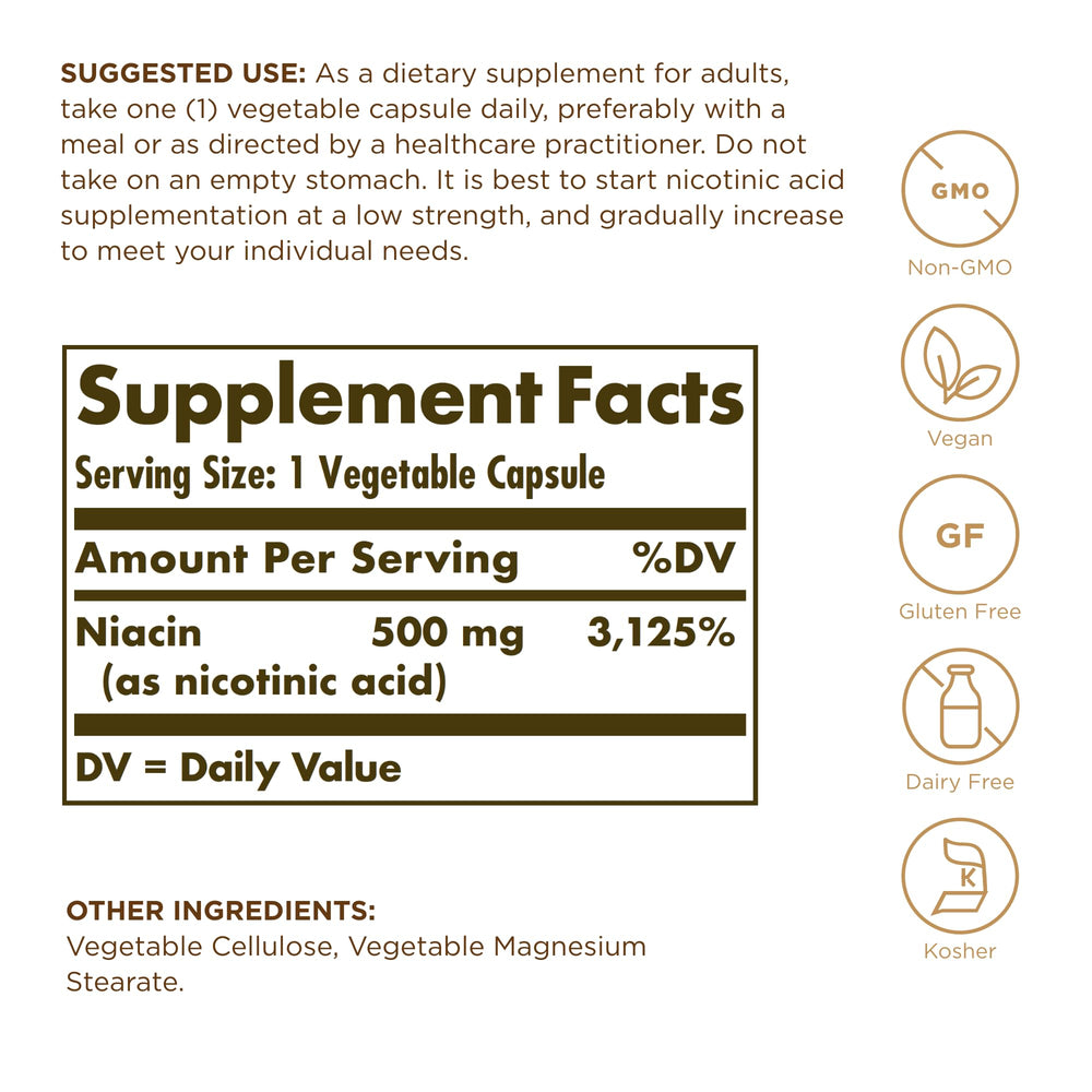 Close-up of Solgar Niacin 500 mg bottle