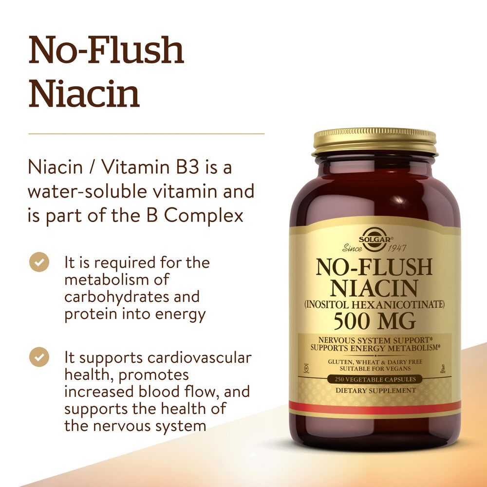 Solgar No-Flush Niacin 500 mg capsules close-up