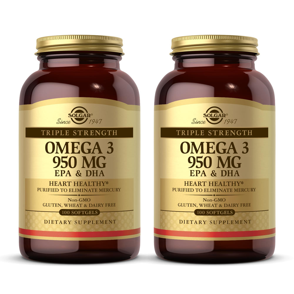 Solgar Omega-3 950 mg triple strength bottles in a 2-pack