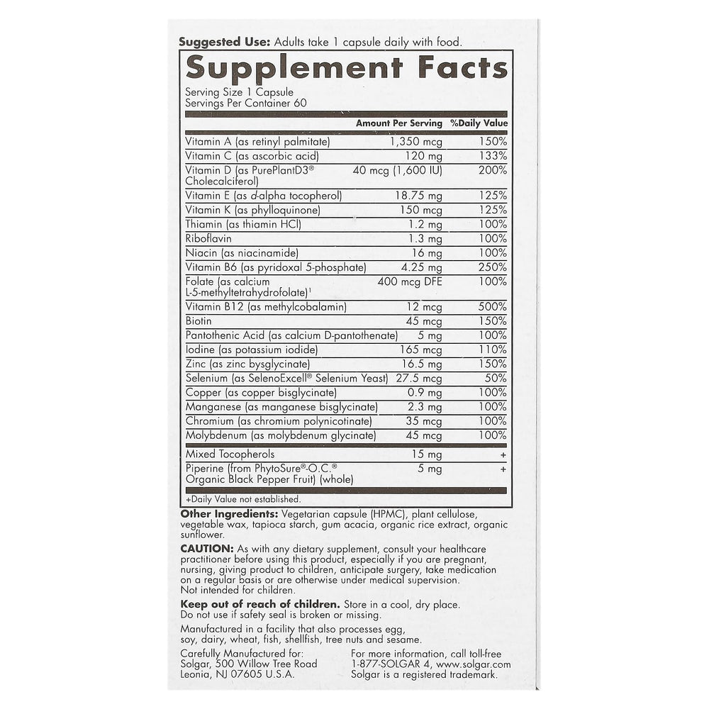 Label of Solgar One Daily Men's Multivitamin highlighting 19 vitamins and minerals