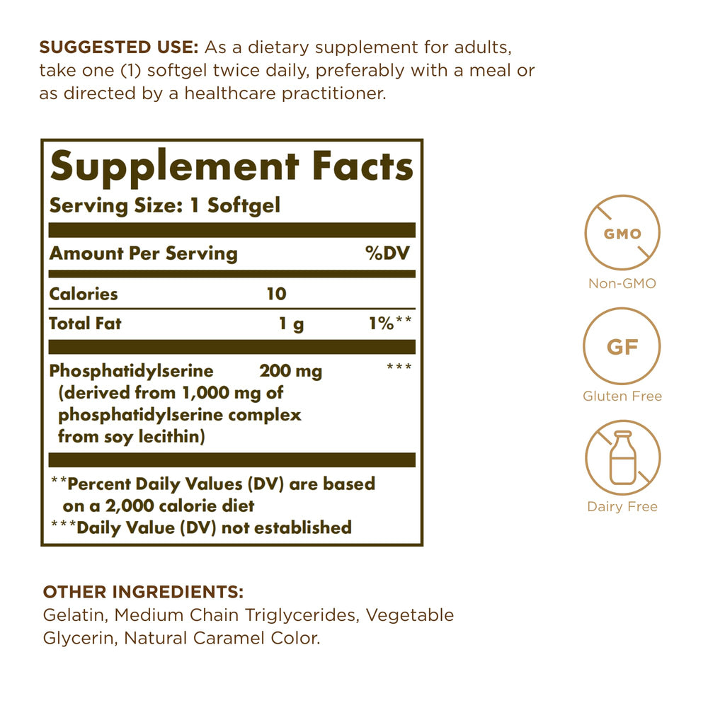 Close-up of Solgar Phosphatidylserine 200 mg softgels