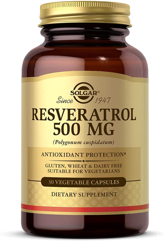 Solgar Resveratrol 500 mg bottle with 30 vegetable capsules