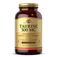 Solgar Taurine 500 mg bottle and capsules