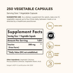 Close-up of Solgar Taurine 500 mg label