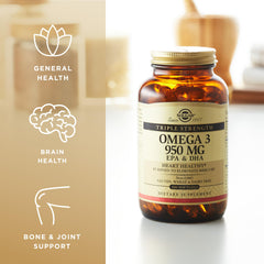 Two-pack Solgar Omega-3 bottles on display emphasizing value and purity