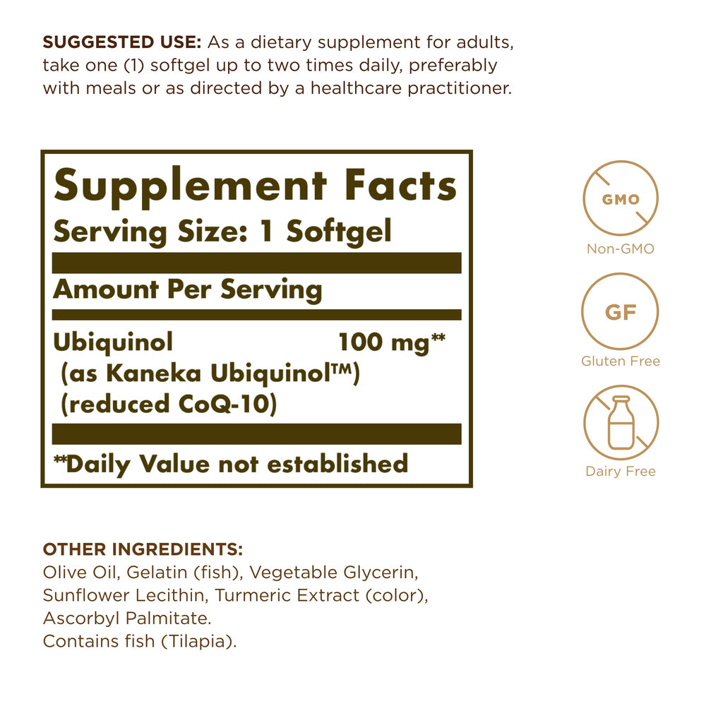 Solgar ubiquinol 100 mg softgels serving bottle