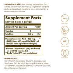 Close-up of Solgar DHA 200 mg label