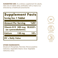 Front label of Solgar Vitamin B12 500 mcg