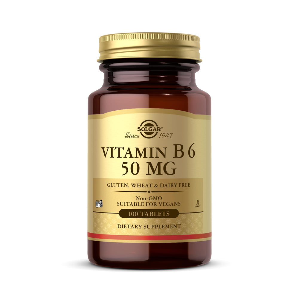 Solgar Vitamin B6 50 mg bottle front label with 100 tablets