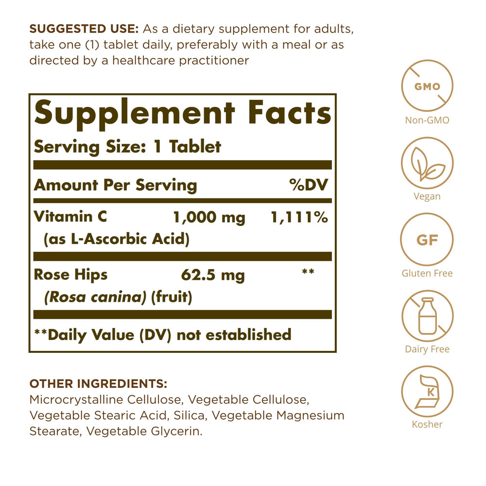 Solgar Vitamin C 1000 mg with Rose Hips bottle on table
