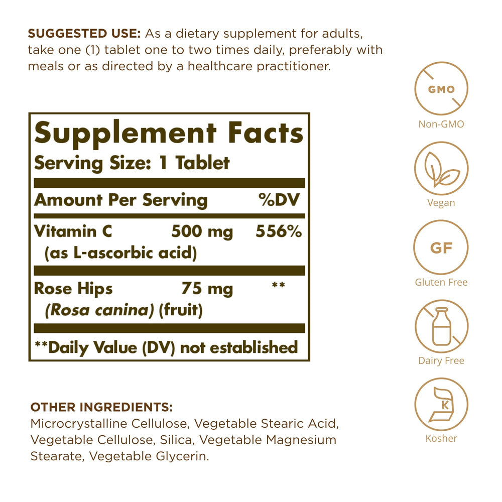 Close-up of Solgar Vitamin C 500 mg with Rose Hips label