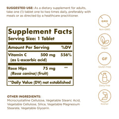 Close-up of Solgar Vitamin C 500 mg with Rose Hips label