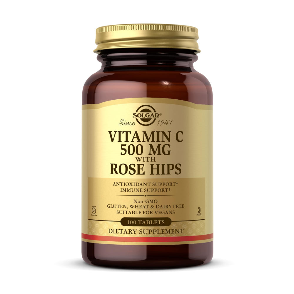 Solgar Vitamin C 500 mg with Rose Hips bottle showing 100 tablets