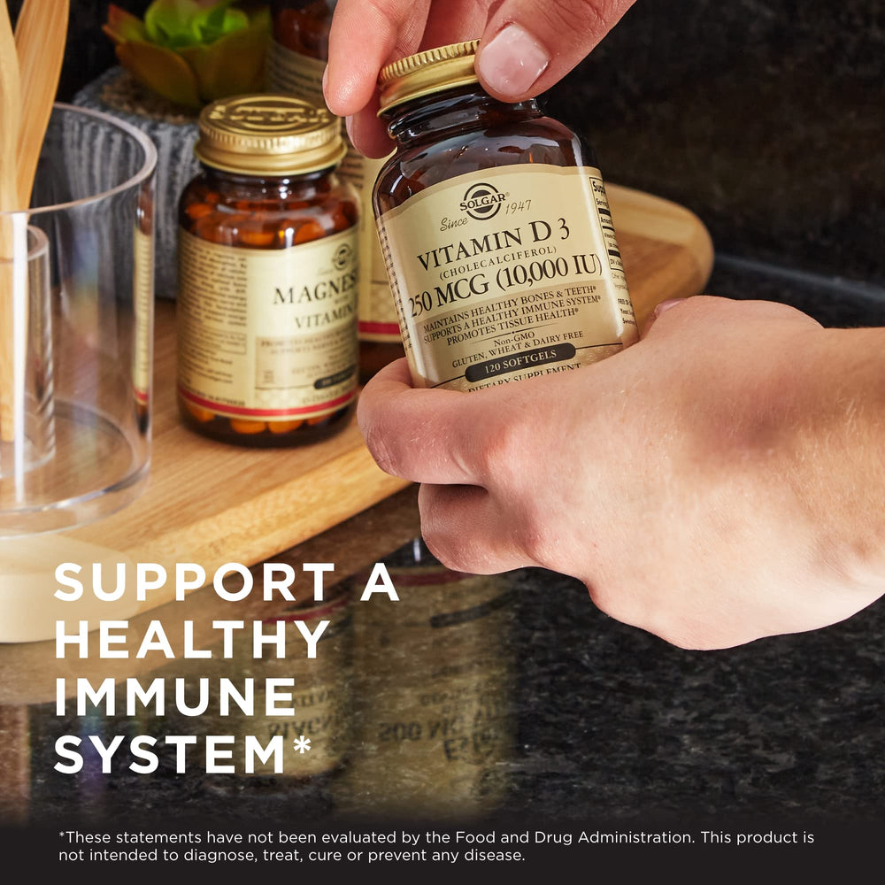 Solgar 3-pack vitamin D3 bottle set showcased.