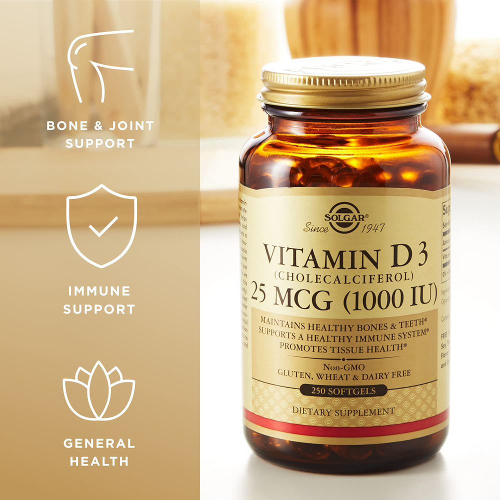 Bottle of Solgar Vitamin D3 on a white background