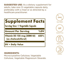 Solgar Vitamin D3 125 mcg supplement facts label