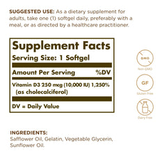 Close-up of Solgar Vitamin D3 10,000 IU softgels
