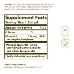 Close-up of Solgar Vitamin E 200 IU bottle label
