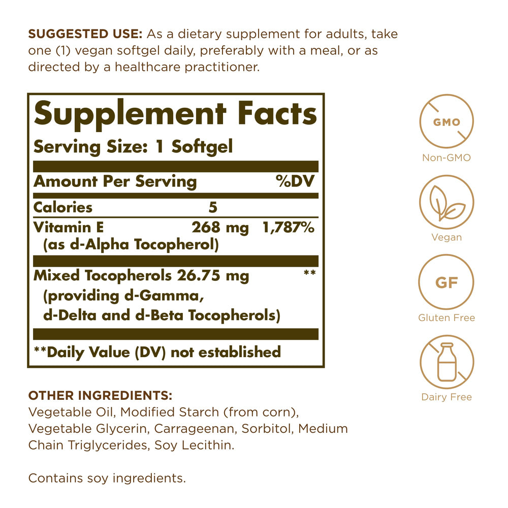 Solgar Vitamin E ingredients panel