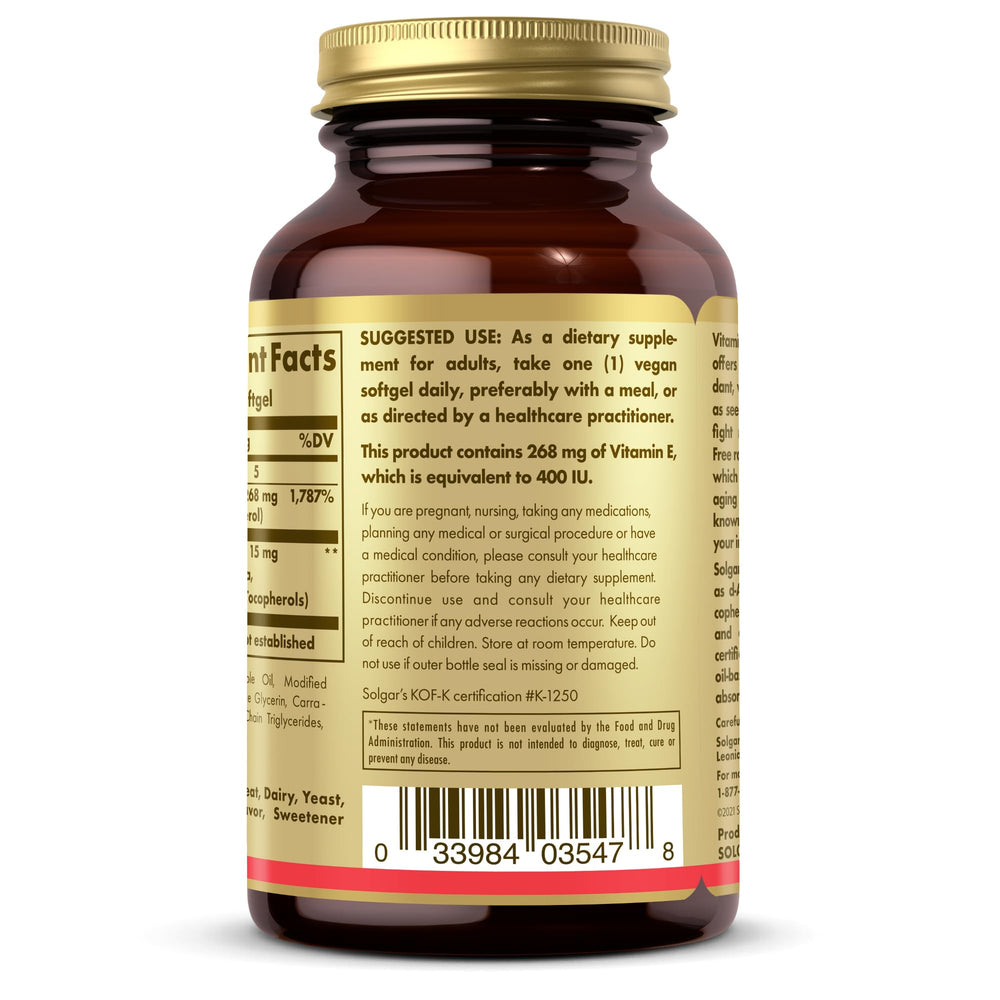 Non-GMO and vegan symbols on Solgar Vitamin E packaging