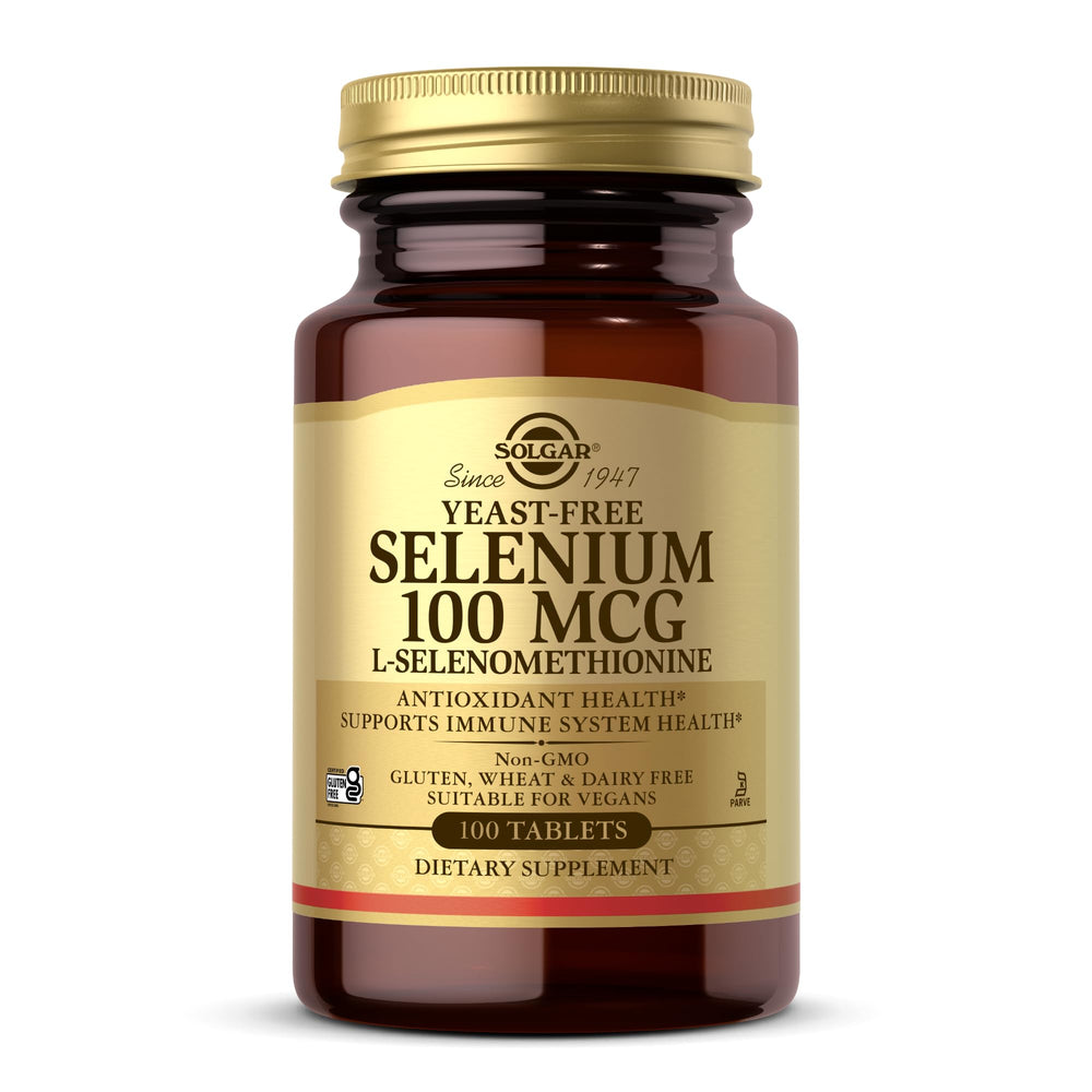 Solgar yeast-free selenium 100 mcg bottle and label